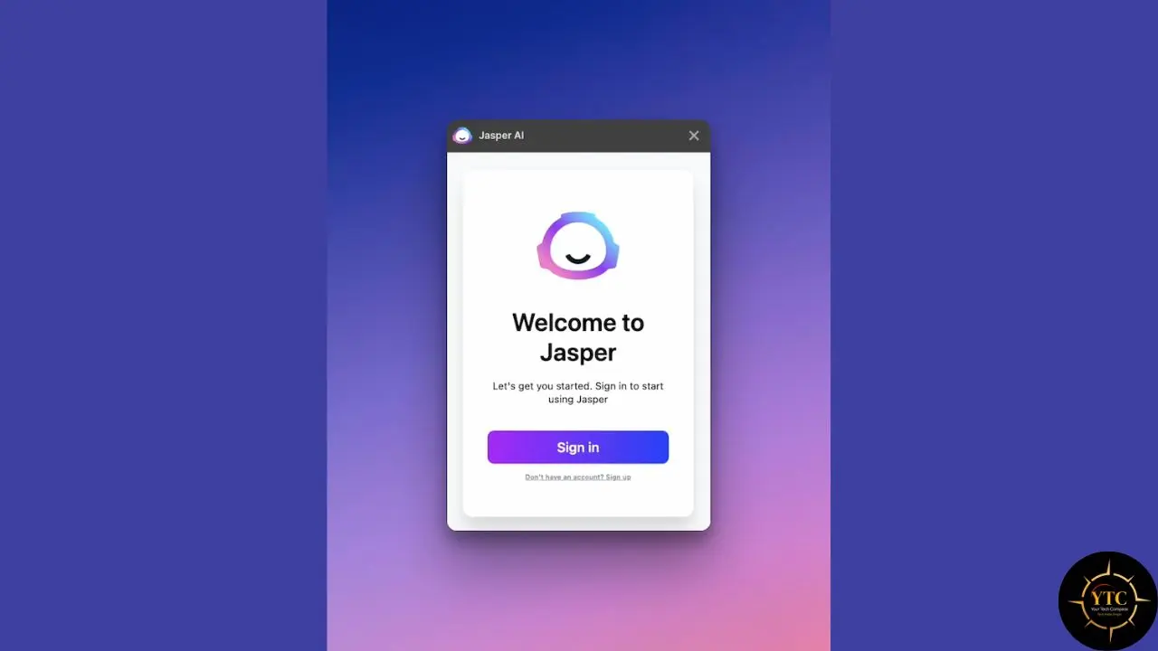The 'Welcome to Jasper' login popup screen for the Jasper AI application featuring the 'Sign in' button centered on a purple background.