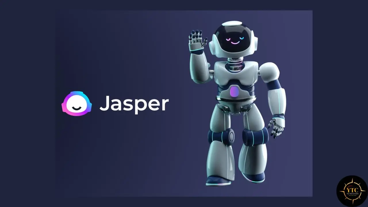 A friendly white and blue robot waves its hand next to the word "Jasper" in a minimalist dark setting.