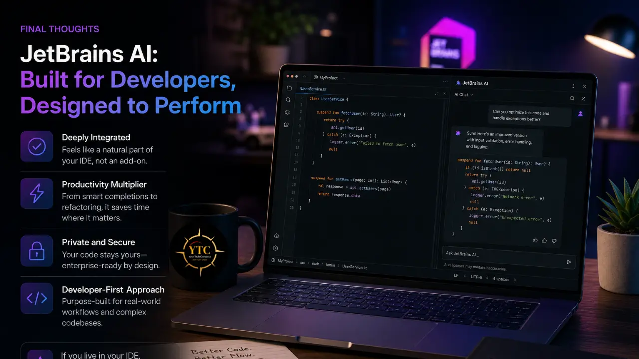 A laptop sits on a wooden desk displaying a code editor interface with an AI chat panel on the right, accompanied by text detailing features of JetBrains AI on the left and a coffee mug in the foreground.