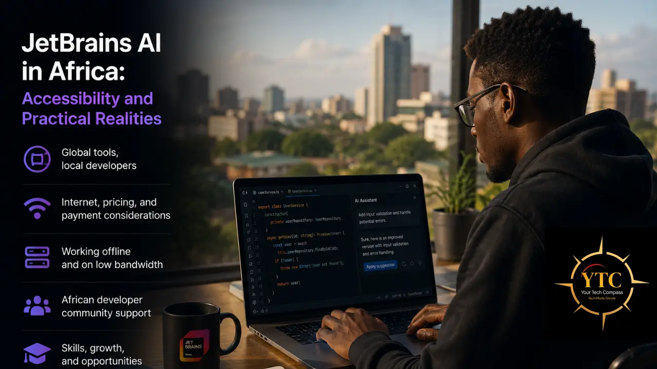 Black male developer wearing glasses typing code on a laptop with an urban skyline in the background, accompanied by text overlay on the left that reads "JetBrains AI in Africa: Accessibility and Practical Realities".
