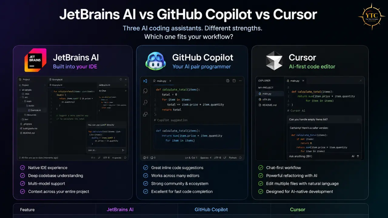 Infographic comparing JetBrains AI, GitHub Copilot, and Cursor, detailing their features, coding interface examples, and workflow benefits.