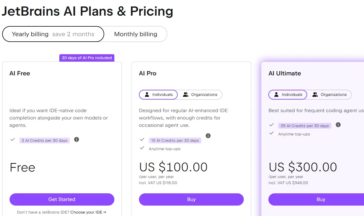 JetBrains AI pricing page displaying three tiers: AI Free, AI Pro at $100 per user per year, and AI Ultimate at $300 per user per year.