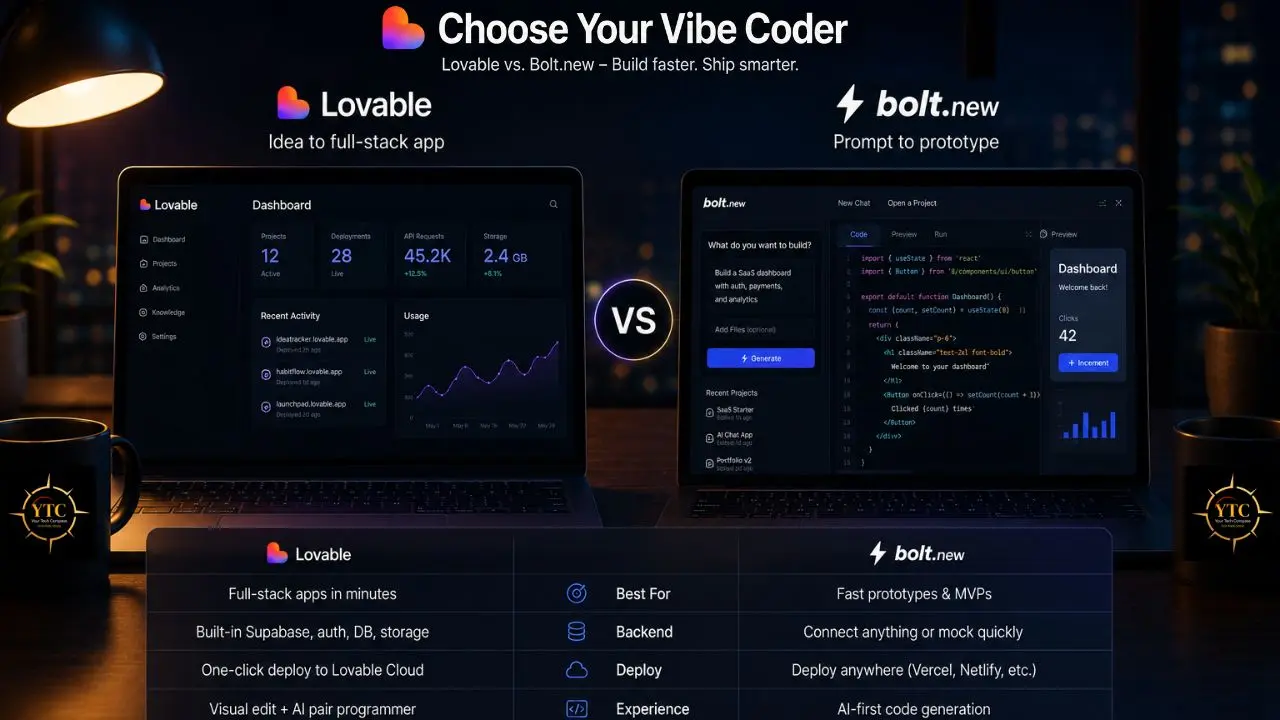 Comparison graphic showing two laptops, one displaying the Lovable dashboard and the other the bolt.new coding interface.