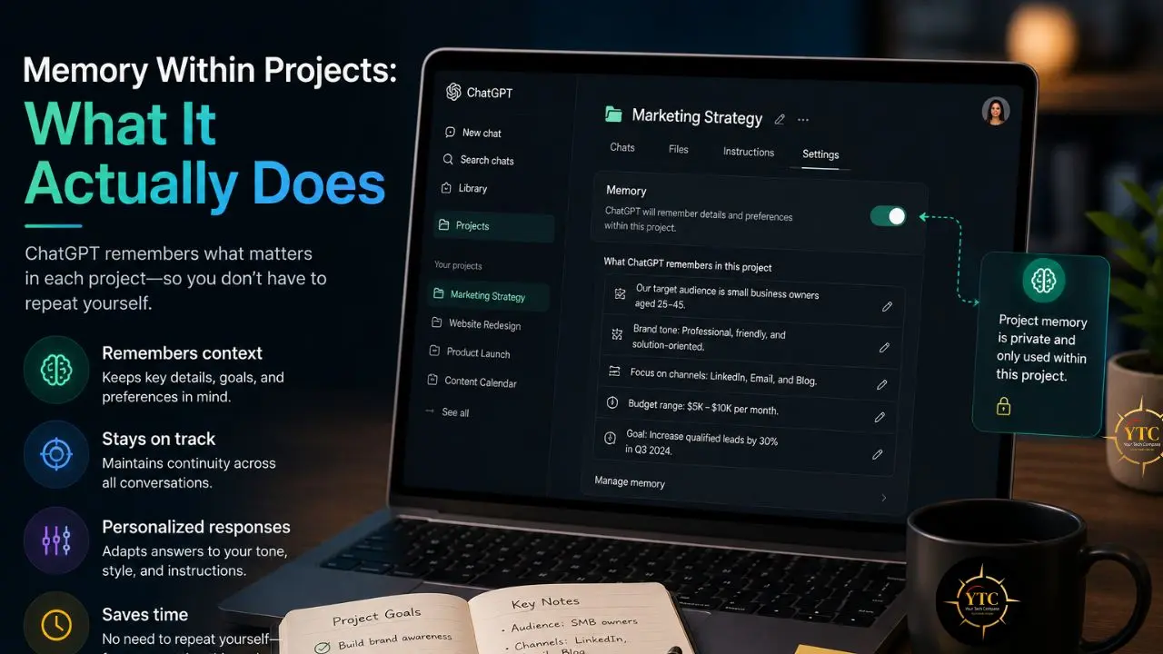 Laptop screen displaying ChatGPT's "Marketing Strategy" project settings, highlighting memory features and project details.