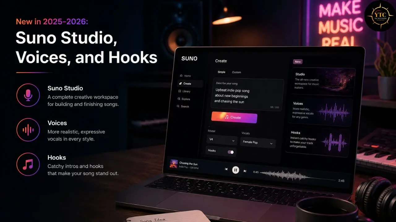 A laptop displays the Suno interface in a dimly lit studio with text on the left highlighting new features for 2025-2026: Suno Studio, Voices, and Hooks.