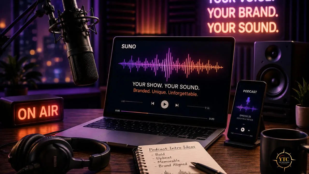 A podcast studio setup on a wooden desk featuring a laptop displaying a colorful audio waveform, a studio microphone, headphones, an "ON AIR" sign, and a smartphone.