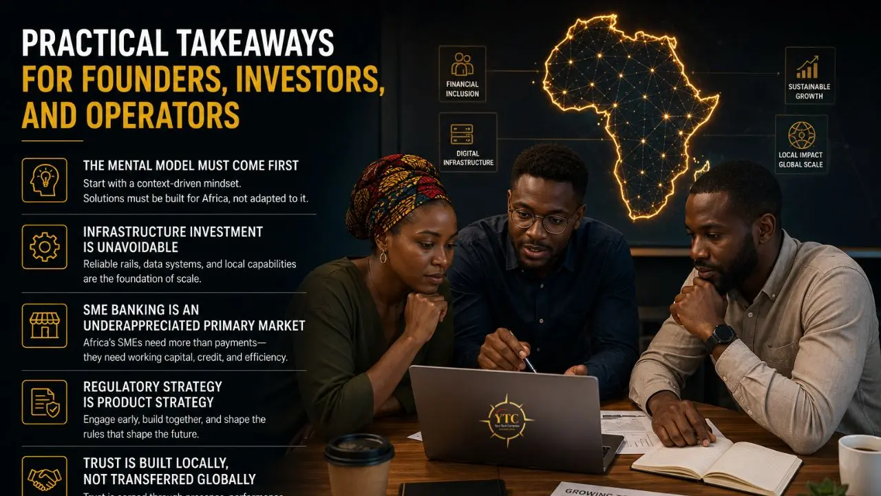 Three professionals look at a laptop displaying a YTC logo, with a graphic of Africa highlighted in a network overlay in the background and text listing practical takeaways for founders and investors.