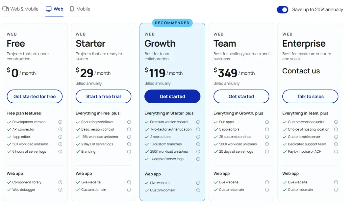 Web pricing comparison table showing Free, Starter, recommended Growth, Team, and Enterprise plans with monthly prices, features, and signup options.