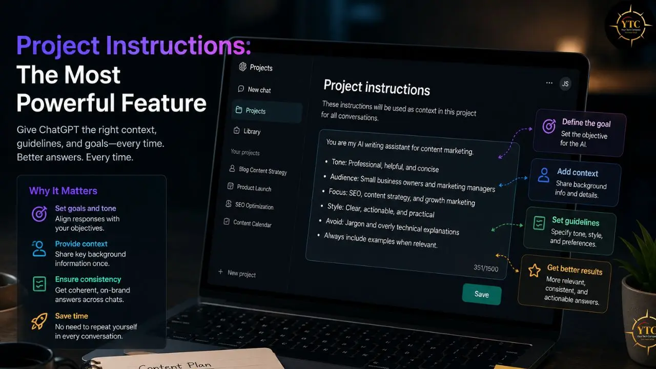 Close-up of a laptop screen displaying ChatGPT "Project Instructions" for AI writing assistance, outlining goals, context, and guidelines.