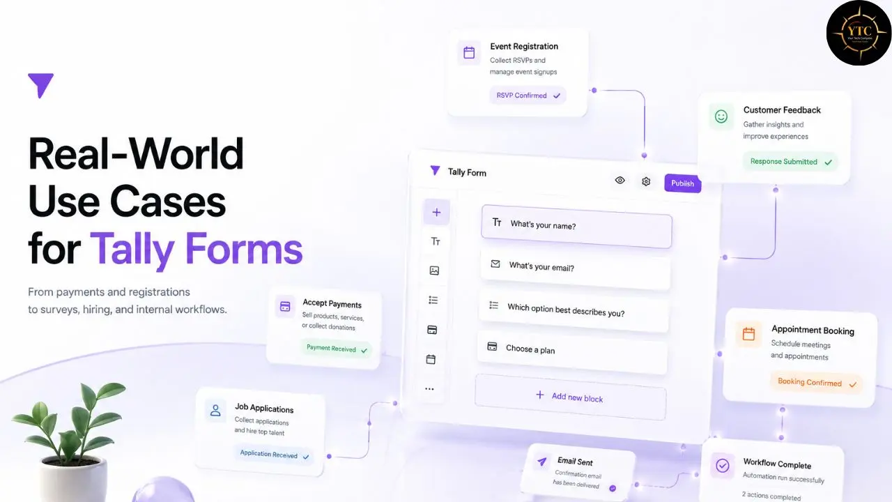 Promotional graphic displaying "Real-World Use Cases for Tally Forms" with a Tally Form interface surrounded by floating UI elements for event registration, customer feedback, payments, job applications, appointment booking, and email notifications.