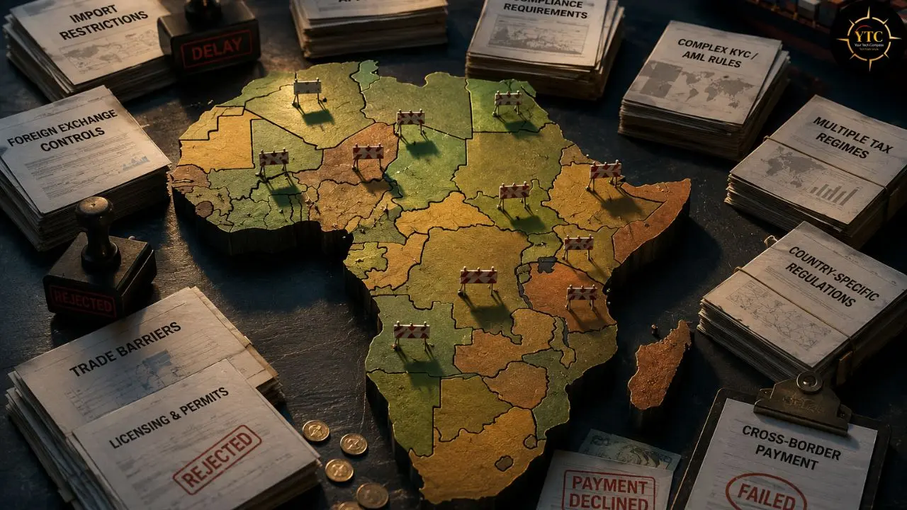 Map of Africa with miniature road barriers and stacks of papers representing trade barriers, regulations, and financial controls.