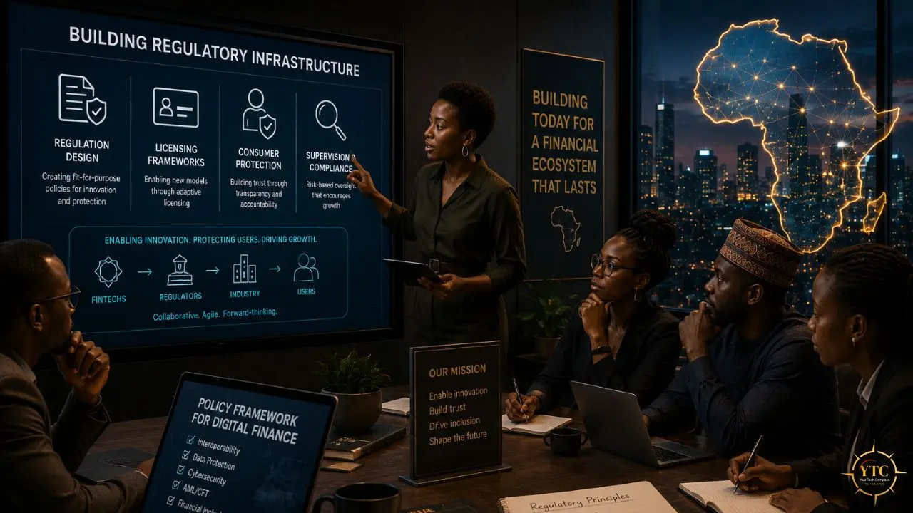 A diverse group of professionals in a boardroom listen to a presenter pointing at a screen displaying "BUILDING REGULATORY INFRASTRUCTURE" with icons for regulation, licensing, consumer protection, and supervision.