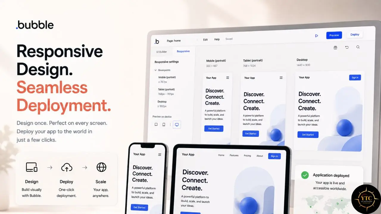 Bubble responsive design advertisement showing the same app layout on a desktop monitor, tablet, and smartphone, with text promoting seamless deployment across screens.