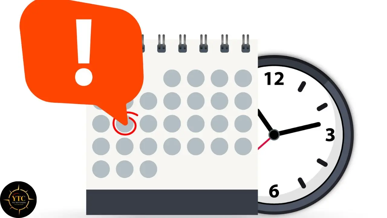 Calendar with an exclamation mark alert and a clock face.