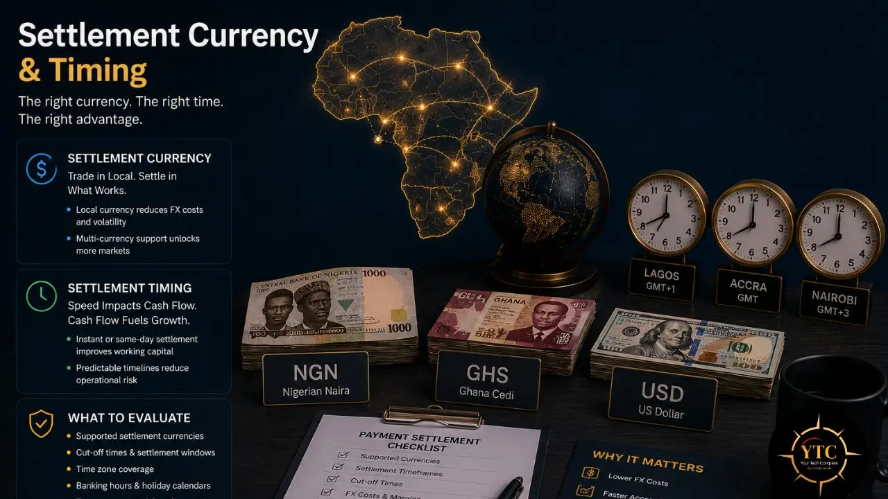 Image illustrating settlement currency and timing with African currencies, USD, globes, clocks showing different time zones, and text about financial settlement.