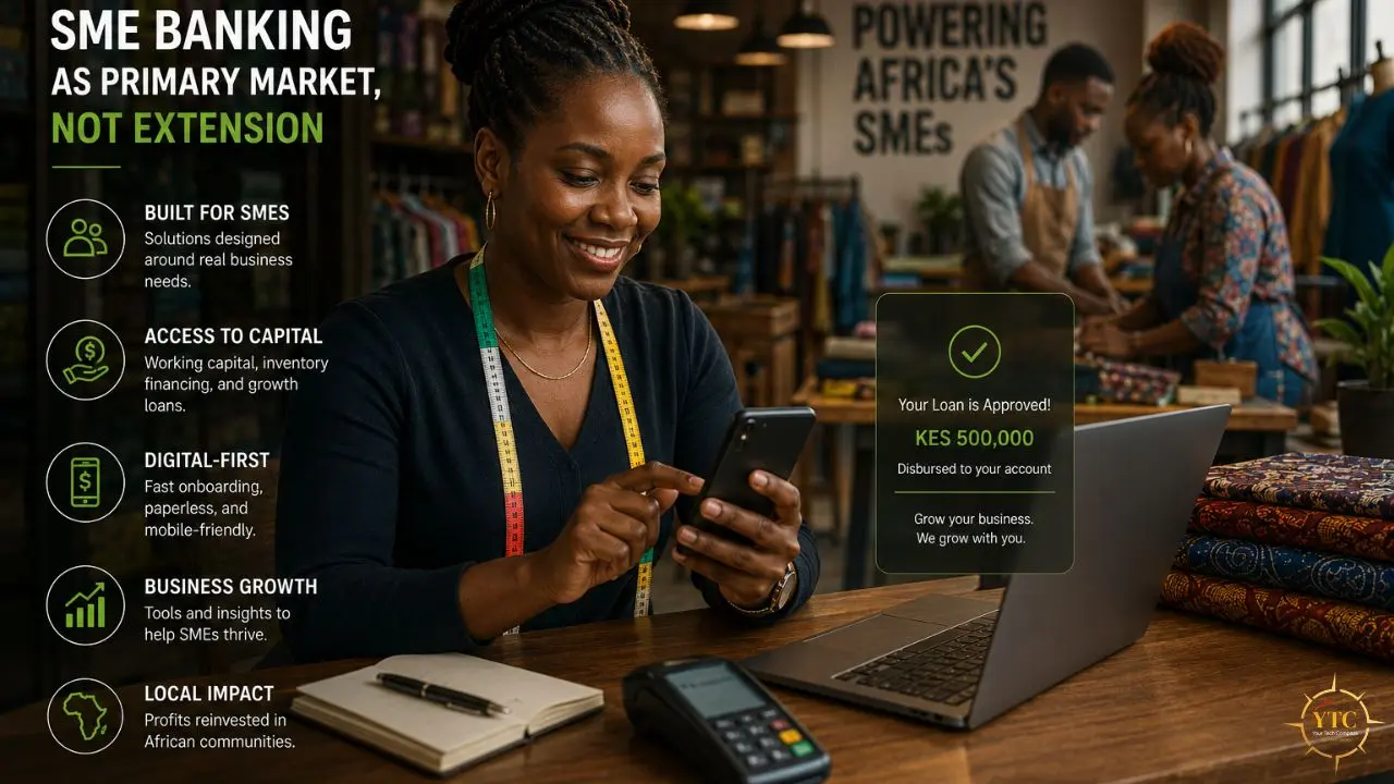 A smiling woman uses a smartphone in front of a laptop displaying a loan approval message, with SME banking benefits listed on the left.