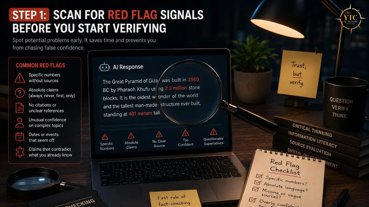 A desk setup with a laptop displaying AI-generated text about the Great Pyramid of Giza, magnifying glass, and a checklist for identifying red flag signals in information.