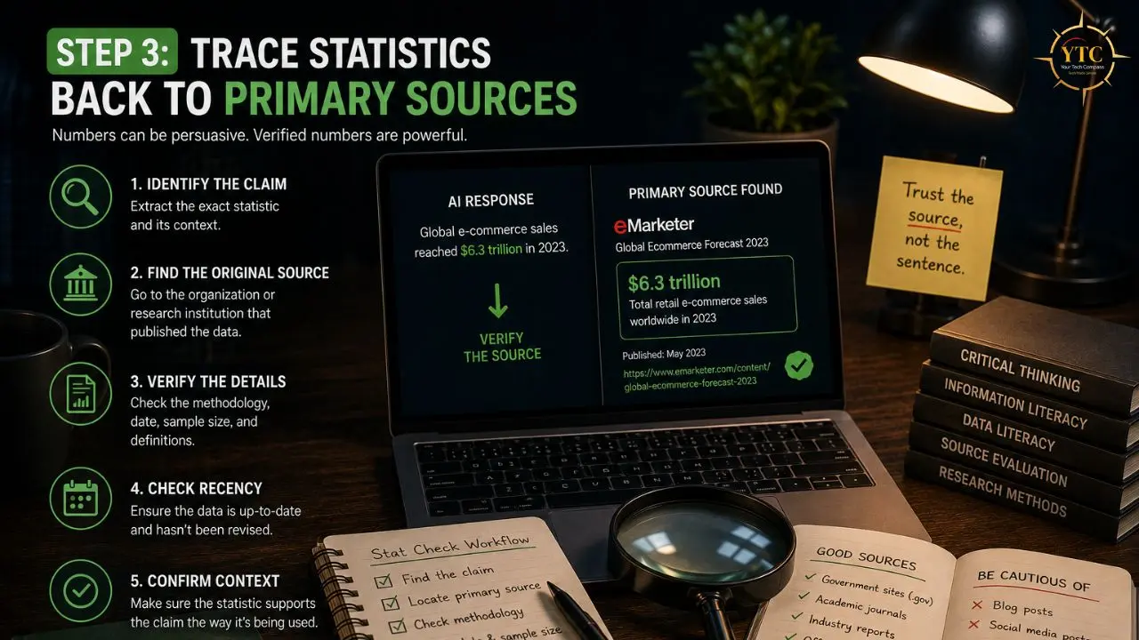 Infographic illustrating Step 3: Trace Statistics Back to Primary Sources with a laptop displaying AI response and primary source data, along with books on critical thinking.