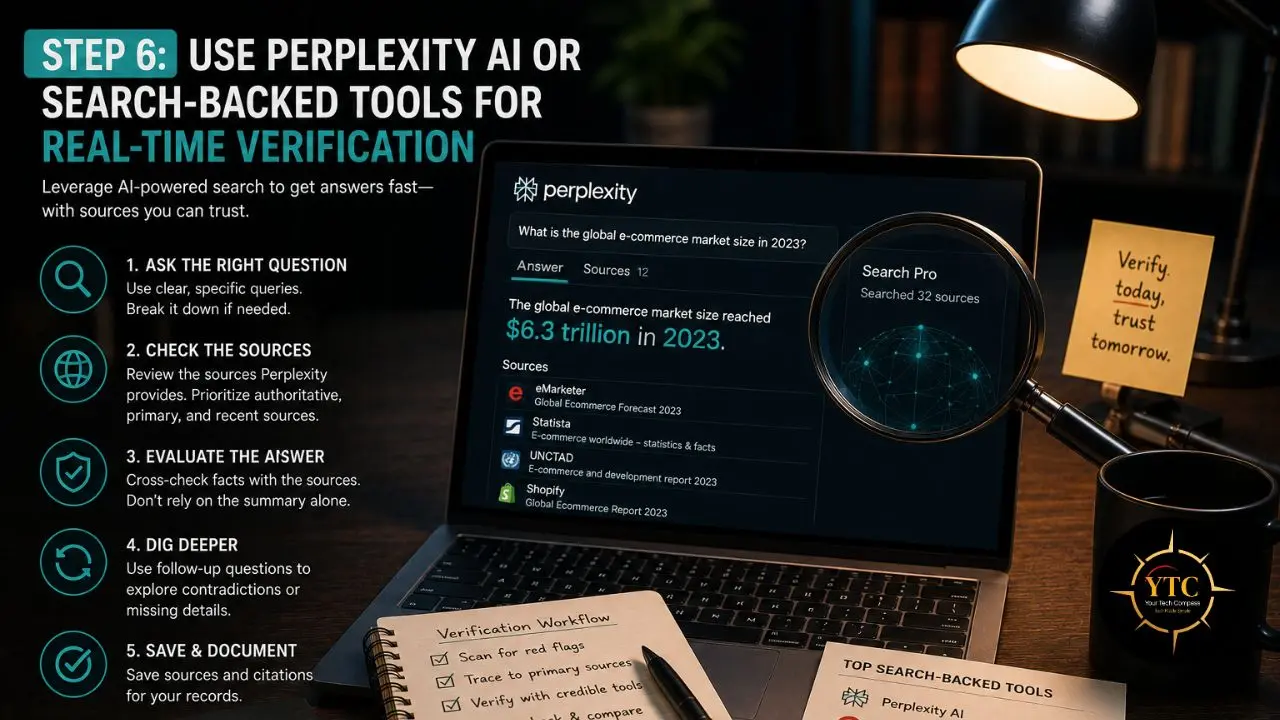 Laptop screen displaying Perplexity AI search results for "global e-commerce market size in 2023" with a sticky note reading "Verify today, trust tomorrow."