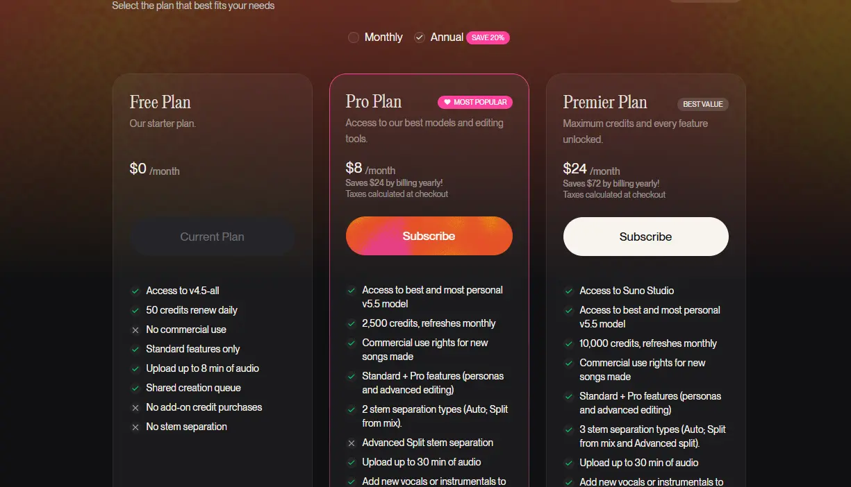 Pricing page interface with dark mode, displaying three tiered subscription options: Free Plan, Pro Plan, and Premier Plan, with features listed under each.