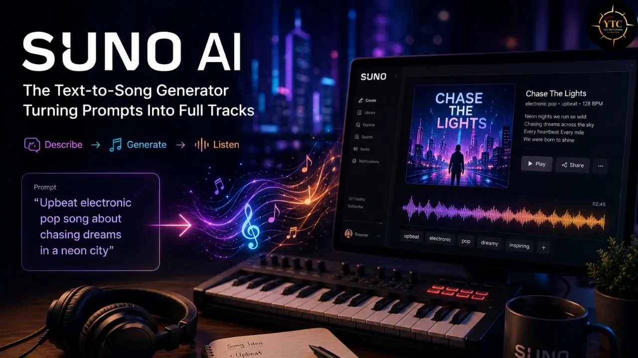 Promotional image for Suno AI, a text-to-song generator, showing a computer screen displaying a music player interface, a musical keyboard, headphones, and a text prompt converting into a song with glowing musical notes.