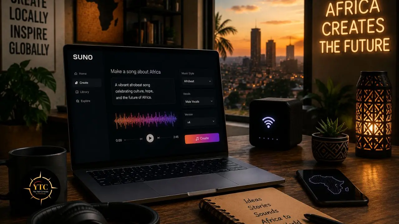 A laptop displaying the Suno AI music creation interface sits on a wooden desk next to a smartphone, a small Wi-Fi speaker, a notebook, and a mug, with a glowing neon sign reading "AFRICA CREATES THE FUTURE" and an urban skyline visible in the background at sunset.