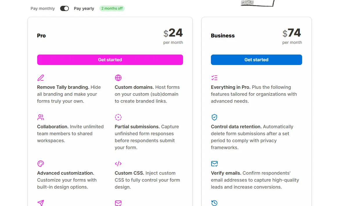 Pricing page showing two subscription tiers, Pro at $24 per month and Business at $74 per month, with lists of features for each plan.