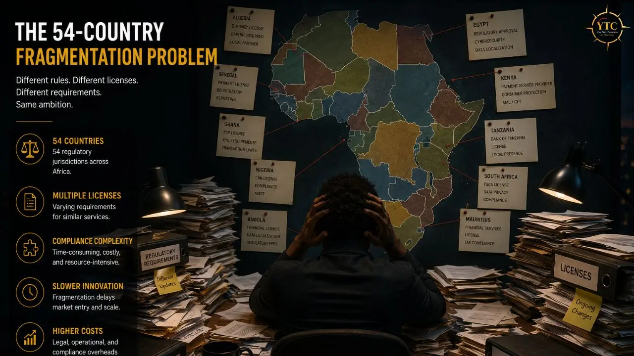 Overwhelmed person sits at desk piled with documents, looking at a map of Africa with country-specific regulatory notes.