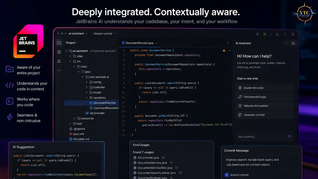 Marketing slide showcasing the JetBrains AI assistant integrated within a code editor interface, highlighting its context-aware features with text panels on the left explaining project awareness, context understanding, seamless integration, and non-intrusive design.