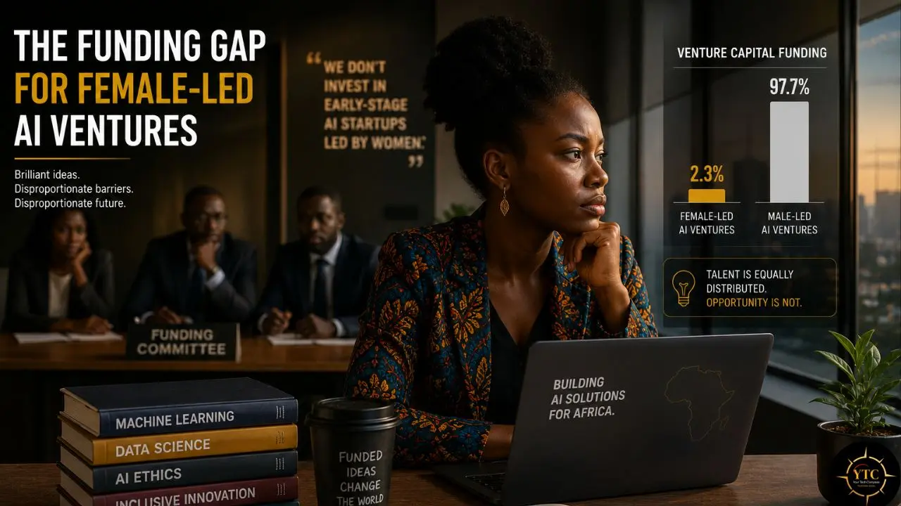 Infographic highlighting the funding gap for female-led AI ventures, showing 2.3% funding for women versus 97.7% for men.