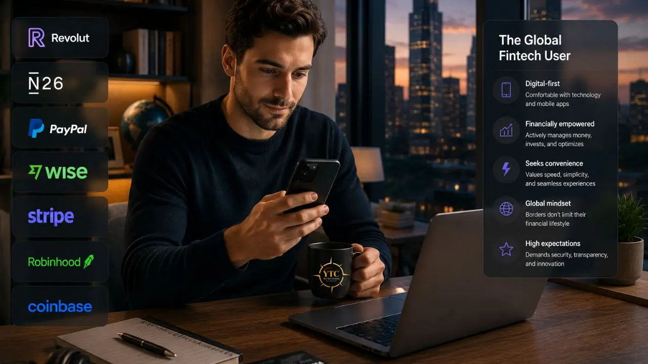 Man with phone and coffee mug sits at desk with laptop, surrounded by fintech company logos and a description of the global fintech user.
