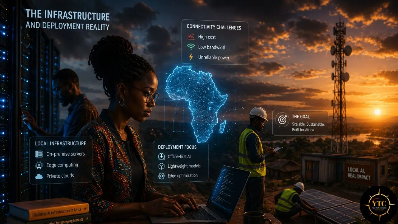 Diverse professionals work on infrastructure solutions for Africa, showing data centers, a map of Africa, and a cell tower at sunset.