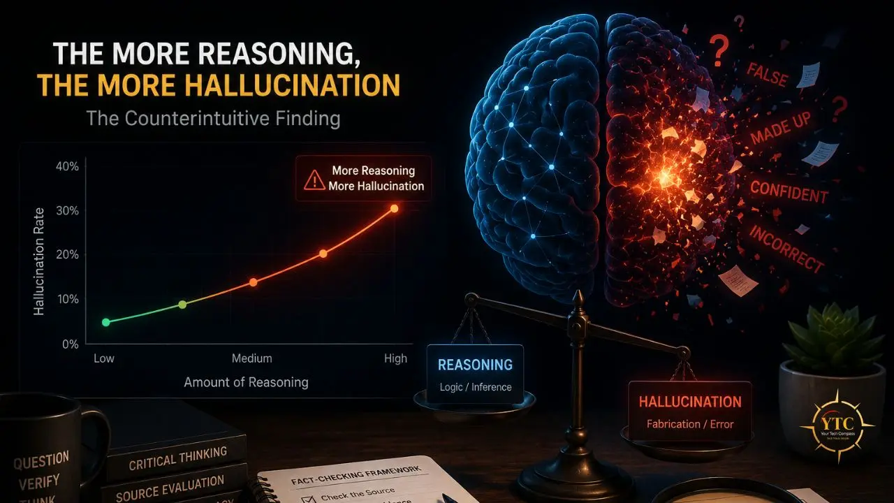 Illustration showing a line graph of increasing hallucination rate with more reasoning, alongside a split brain and a balance scale comparing reasoning and hallucination.