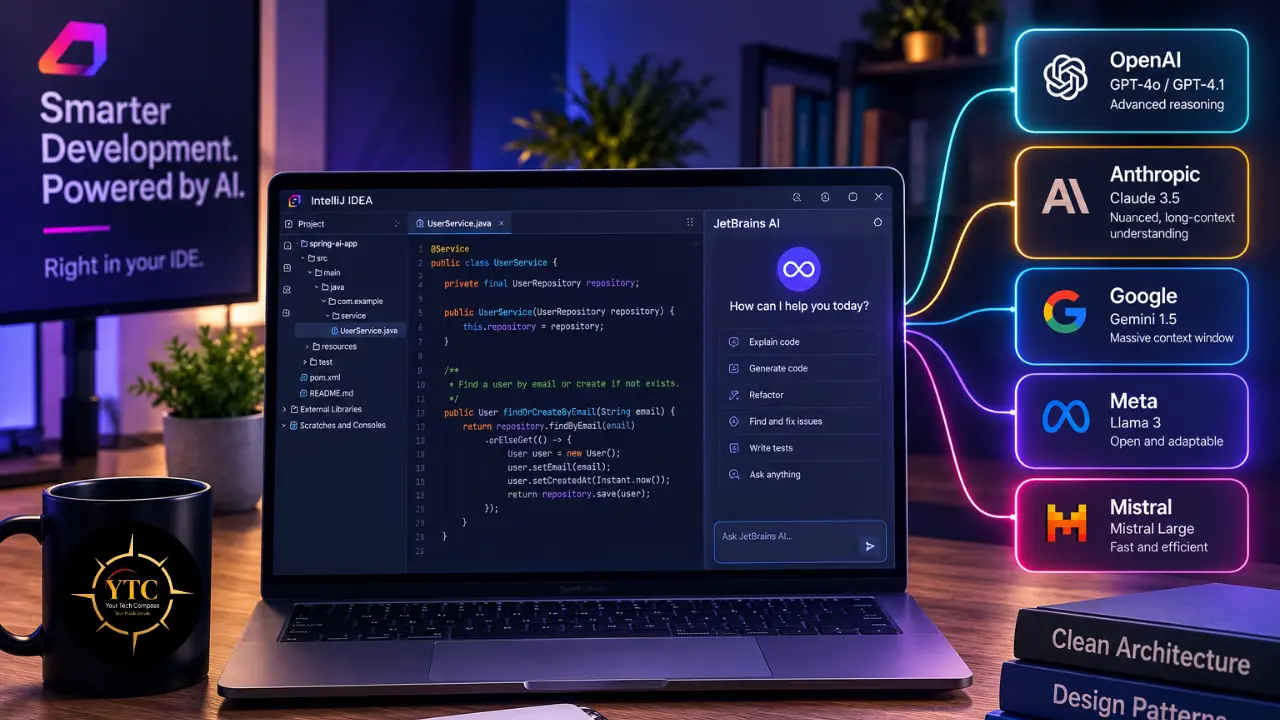 A laptop displays an IDE with Java code and a JetBrains AI assistant sidebar, which is connected via glowing neon lines to five different AI models: OpenAI GPT-4o, Anthropic Claude 3.5, Google Gemini 1.5, Meta Llama 3, and Mistral Large.
