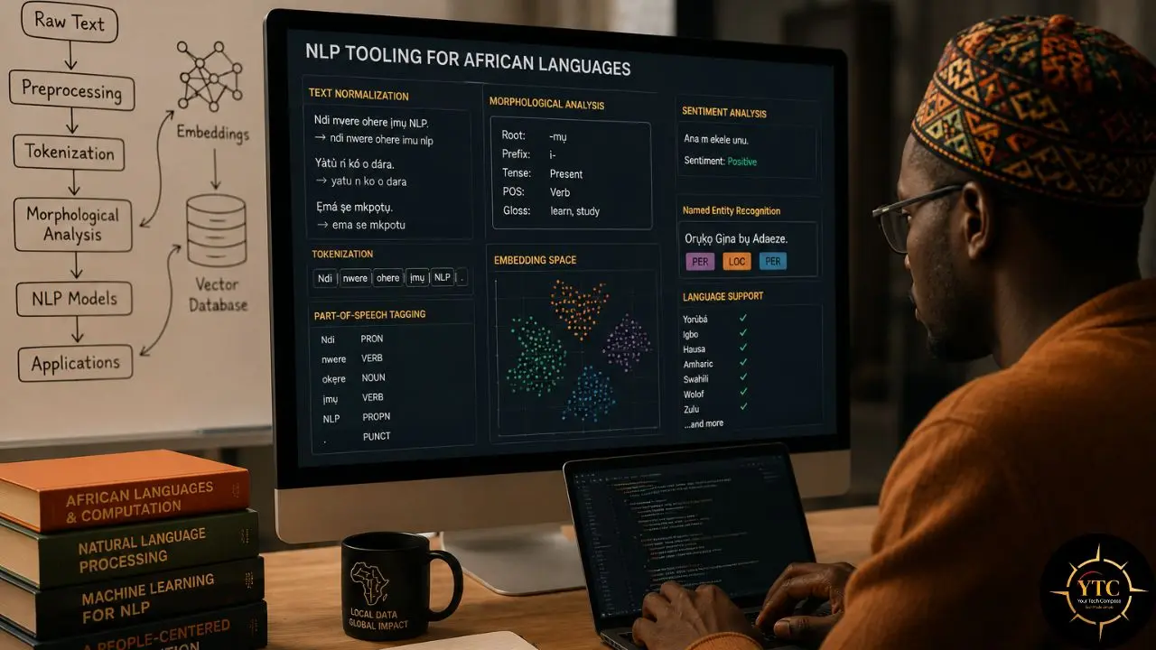 Man in traditional hat works on laptop with computer screen displaying NLP tooling for African languages.