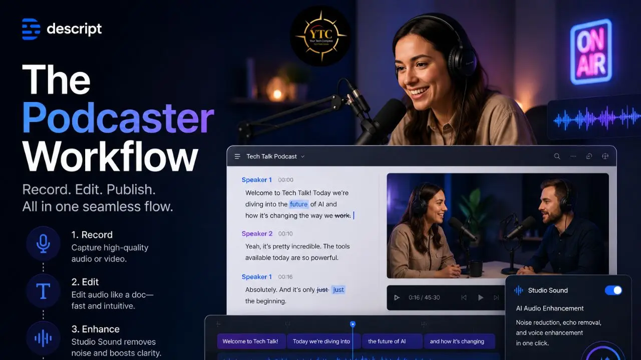 Descript's "The Podcaster Workflow" graphic shows a woman recording a podcast and a digital interface for editing audio.