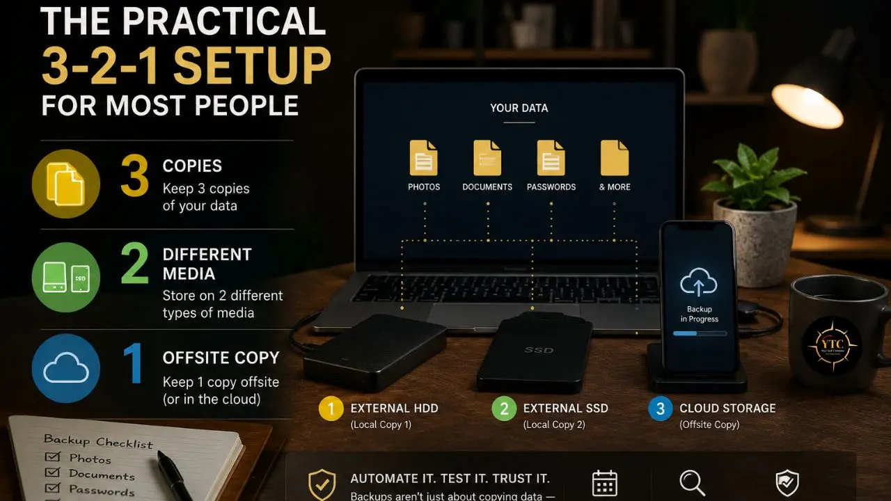 Illustration of the 3-2-1 backup strategy showing a laptop, external HDD, SSD, and smartphone with cloud backup in progress.