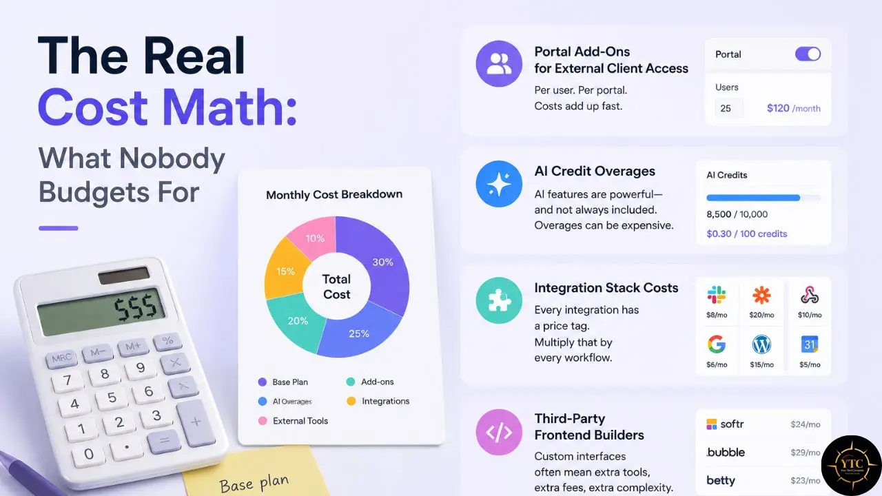 Infographic titled "The Real Cost Math: What Nobody Budgets For" showing a calculator, pie chart, and cost breakdown of portal add-ons, AI credits, integrations, and third-party frontend builders.