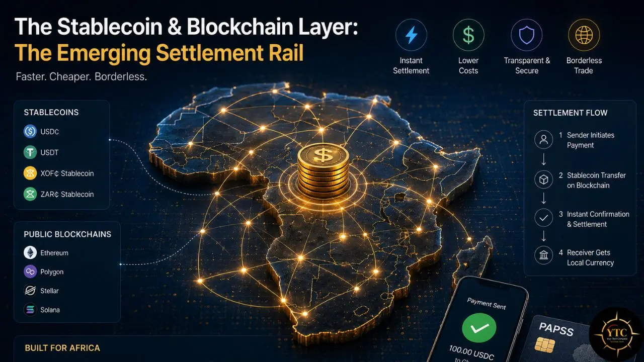 The graphic illustrates the stablecoin and blockchain layer as an emerging settlement rail for Africa, featuring a map of the continent with glowing connection points, a stack of coins, and icons representing stablecoins, blockchains, and transaction steps.