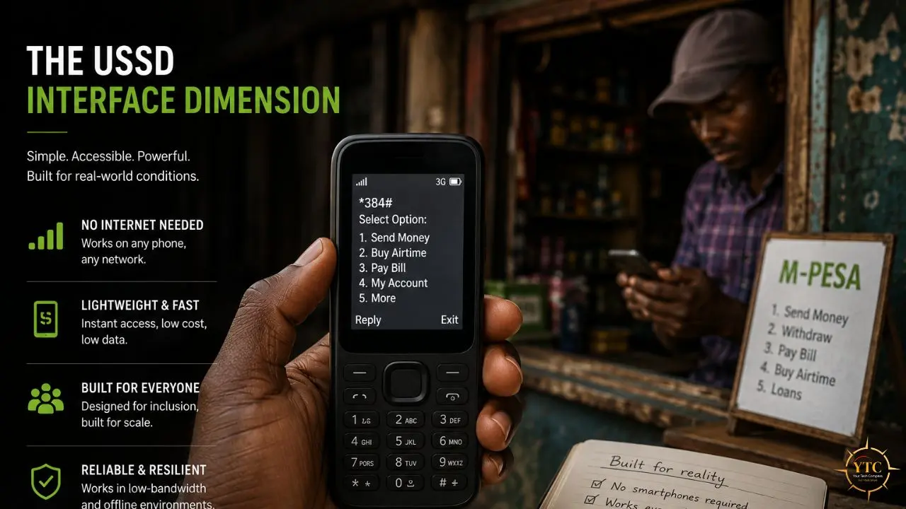 A person holds a feature phone displaying a USSD menu for M-Pesa services, with a sign listing M-Pesa options in the background.