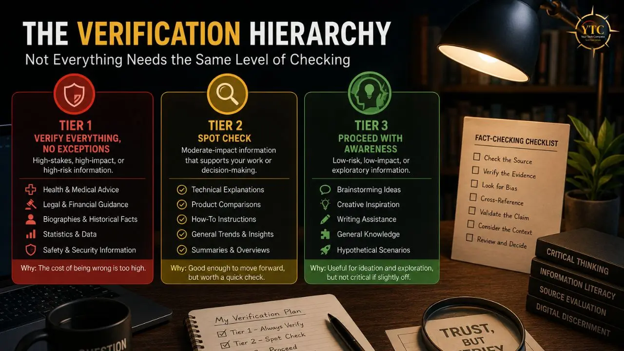 Infographic outlining The Verification Hierarchy with three tiers: Tier 1, Tier 2, and Tier 3, displayed on a desk with books and a fact-checking checklist.