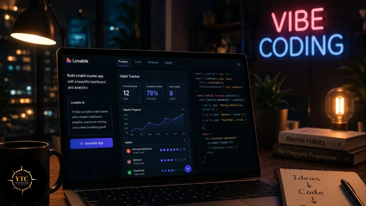 Laptop screen displays a habit tracker app dashboard with coding on the right and a neon "VIBE CODING" sign in the background.