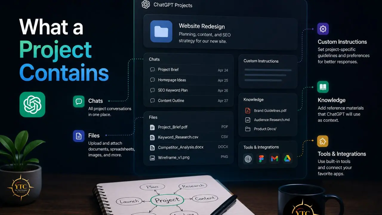 Infographic explaining what a ChatGPT project contains, including chats, files, custom instructions, knowledge, and tools.