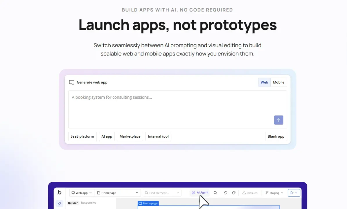 AI app-building interface promoting “Launch apps, not prototypes,” with a prompt to generate a consulting-session booking system and a visual web app editor below.