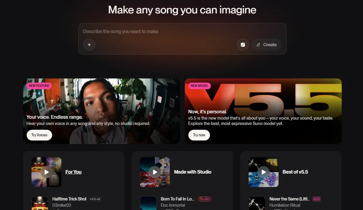 Suno AI web interface featuring a text prompt box at the top and feature cards for user voices and the v3.5 model below.
