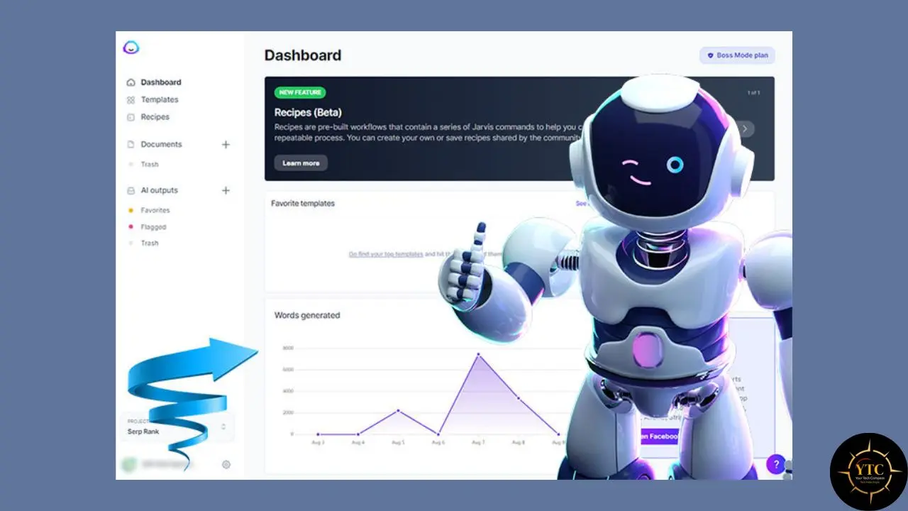 A futuristic white and blue robot with glowing blue eyes stands in front of a software dashboard interface with a line graph and an upward-pointing blue arrow.