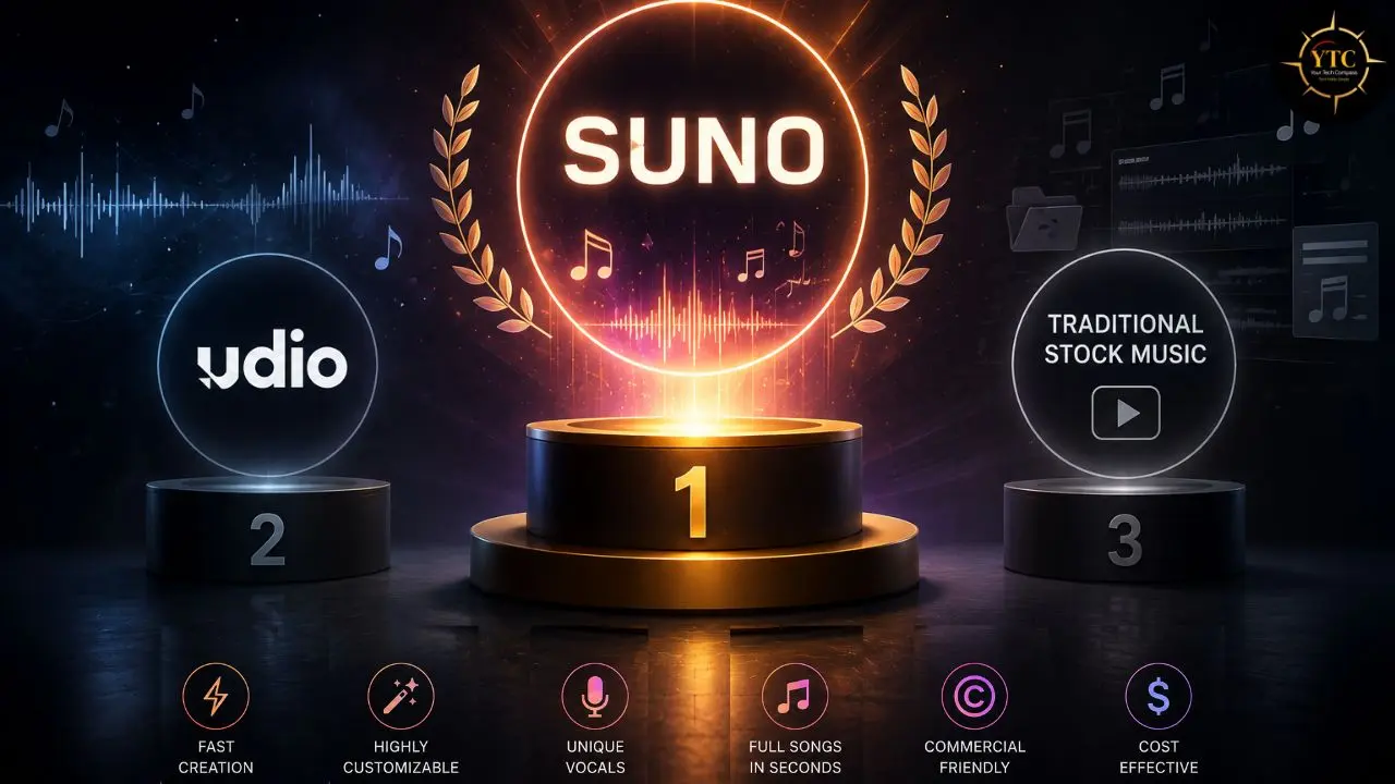 Podium graphic ranking Suno in first place, Udio in second, and Traditional Stock Music in third, with feature icons like fast creation and commercial friendly below.