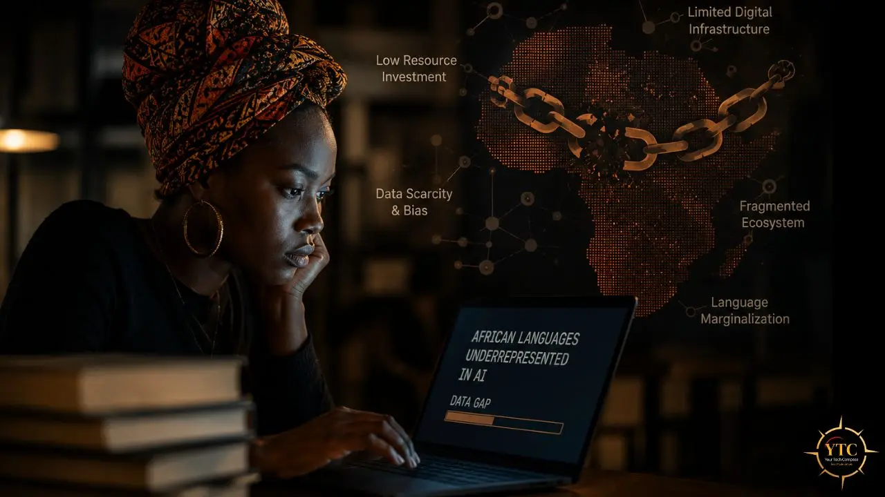 A Black woman wearing a headwrap looks thoughtfully at a laptop displaying "AFRICAN LANGUAGES UNDERREPRESENTED IN AI," with a graphic of Africa overlaid with a broken chain and related challenges in the background.