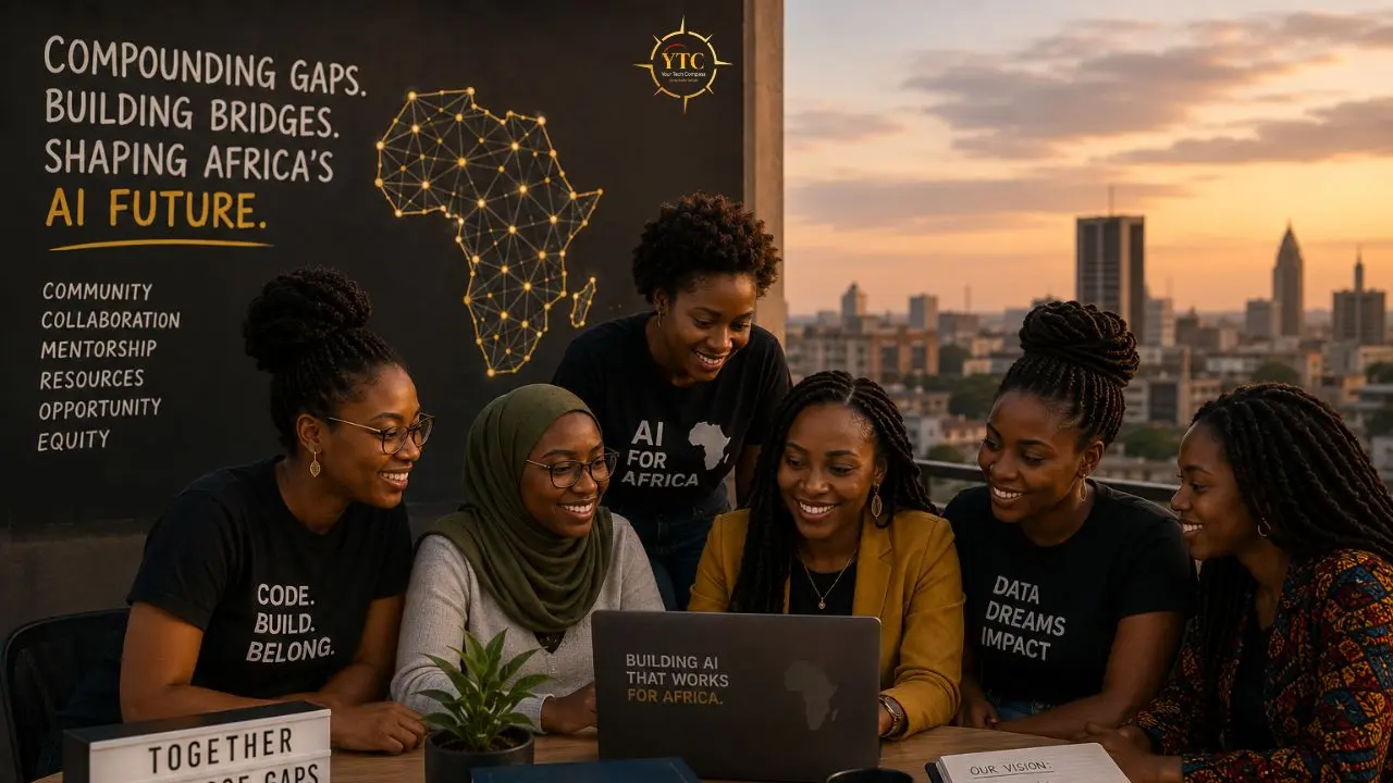 Six Black women collaborate around a laptop with an African city skyline at sunset in the background, under a wall mural about AI in Africa.