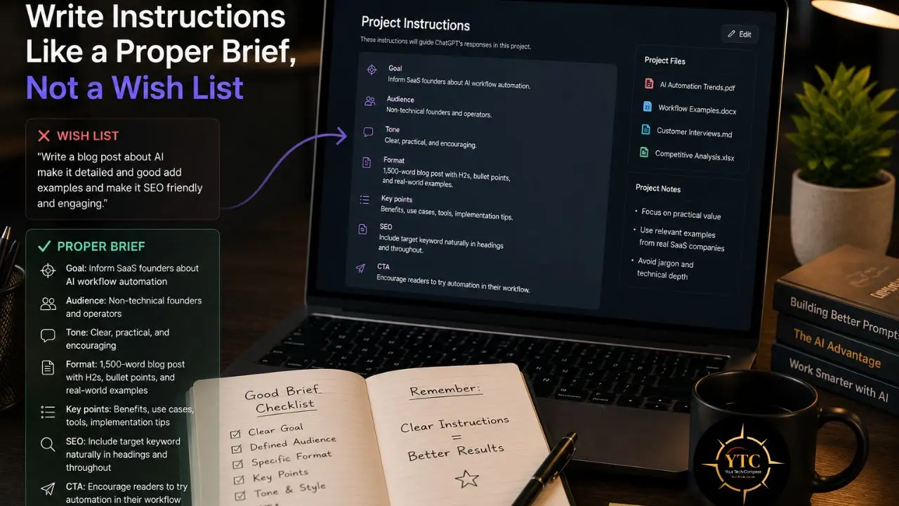 A laptop displays project instructions with a side-by-side comparison of a "Wish List" and a "Proper Brief," with a notebook and coffee mug nearby.